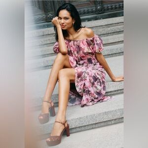 For Love & Lemons Adelie Puff-Sleeve
Midi Dress in Brown Pattern